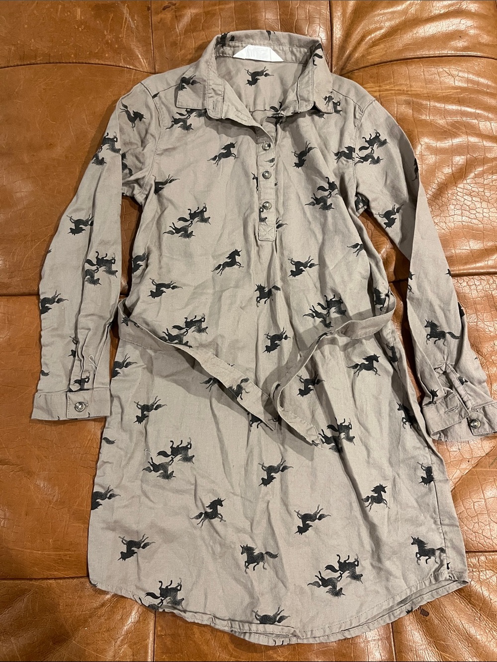 H&M Taupe Shirt Dress with Black Unicorn Print